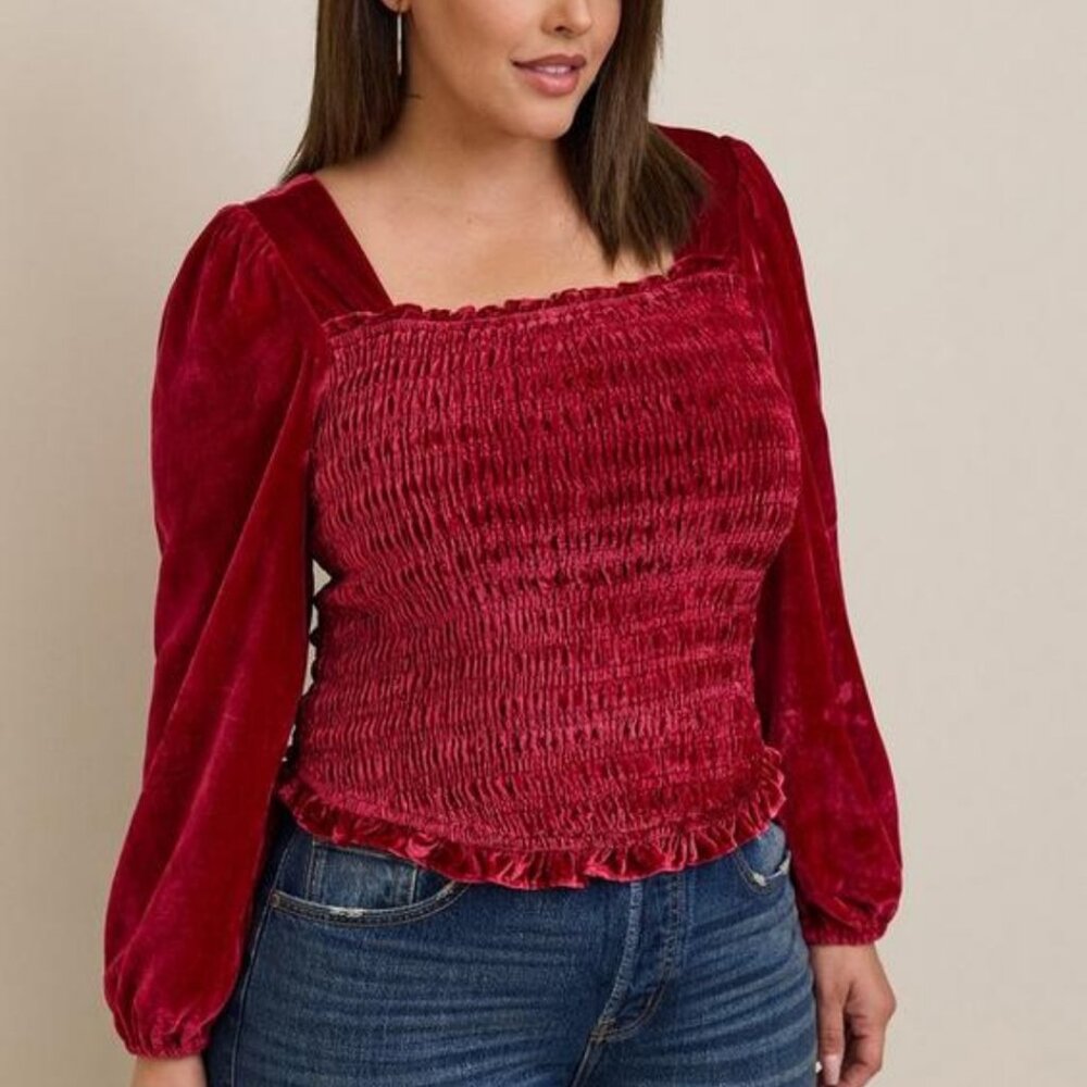 Torrid 2X Smocked Rich Red Velvet Long Sleeve Top Ruffle Details